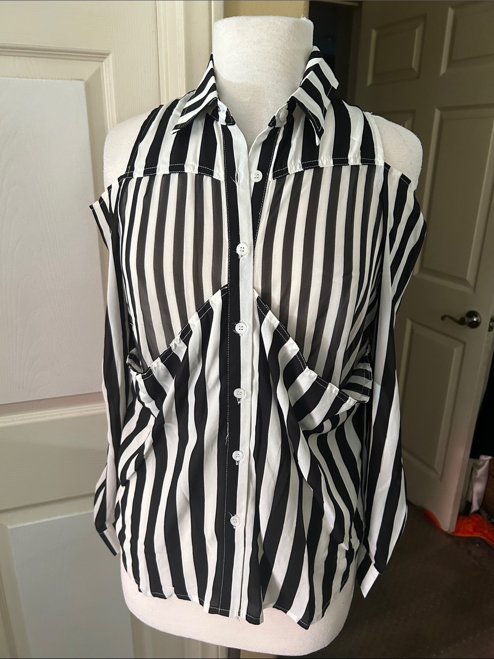 Cold-Shoulder Black & White Striped Button-Down Blouse